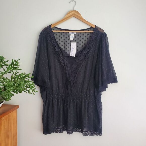 Silhouettes black sheer top with lace embroidery accents size 2x - Picture 1 of 5